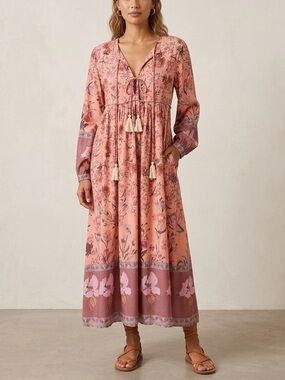 R.Vivimos Dusty Rose Floral Long Sleeve Cotton Boho Maxi Dress